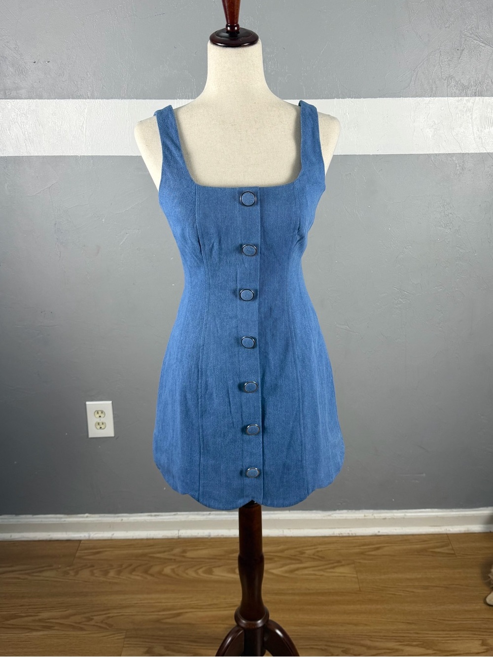 Blue Button-Front Mini Dress with Square Neck